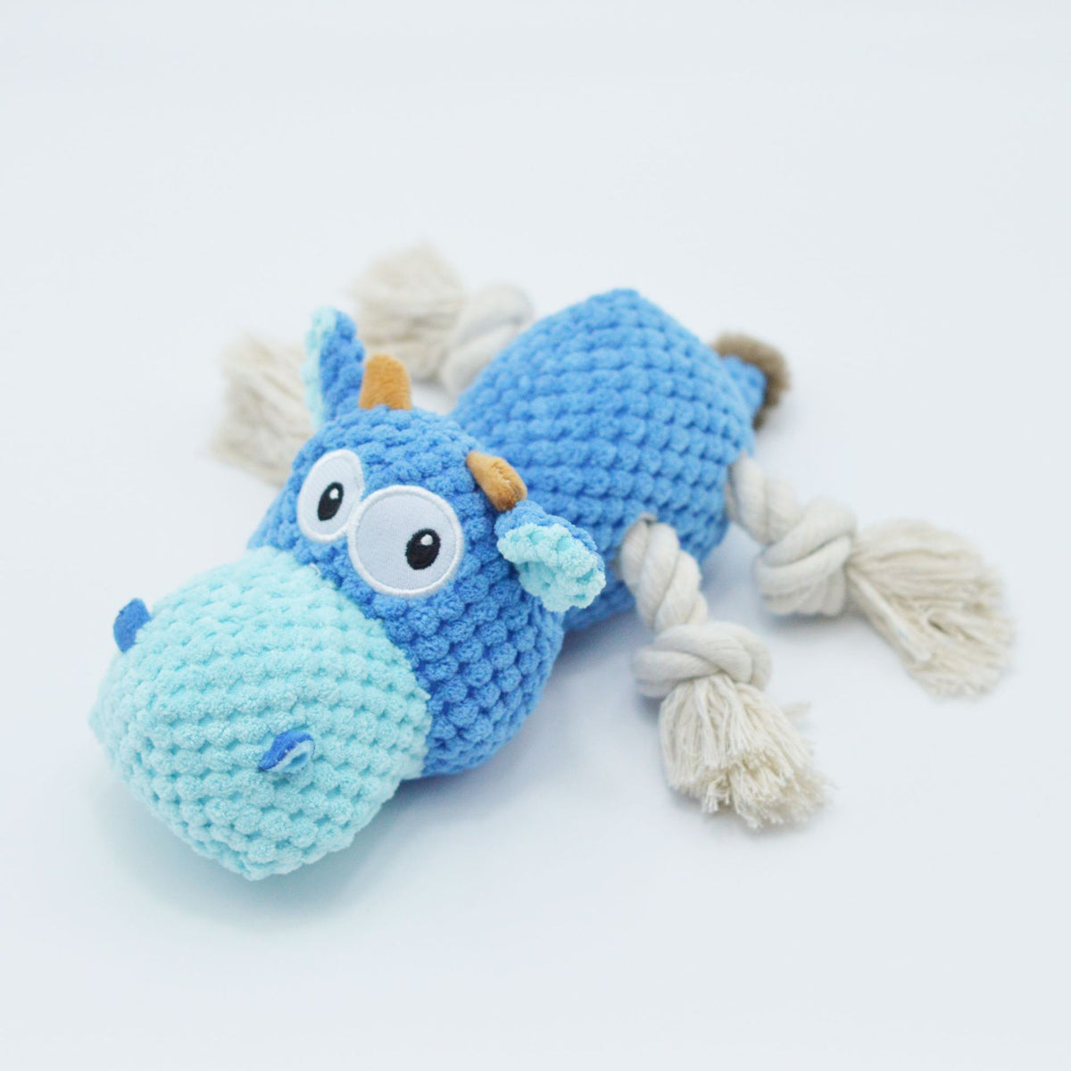 Blue squeaky hippo rope toy, side view