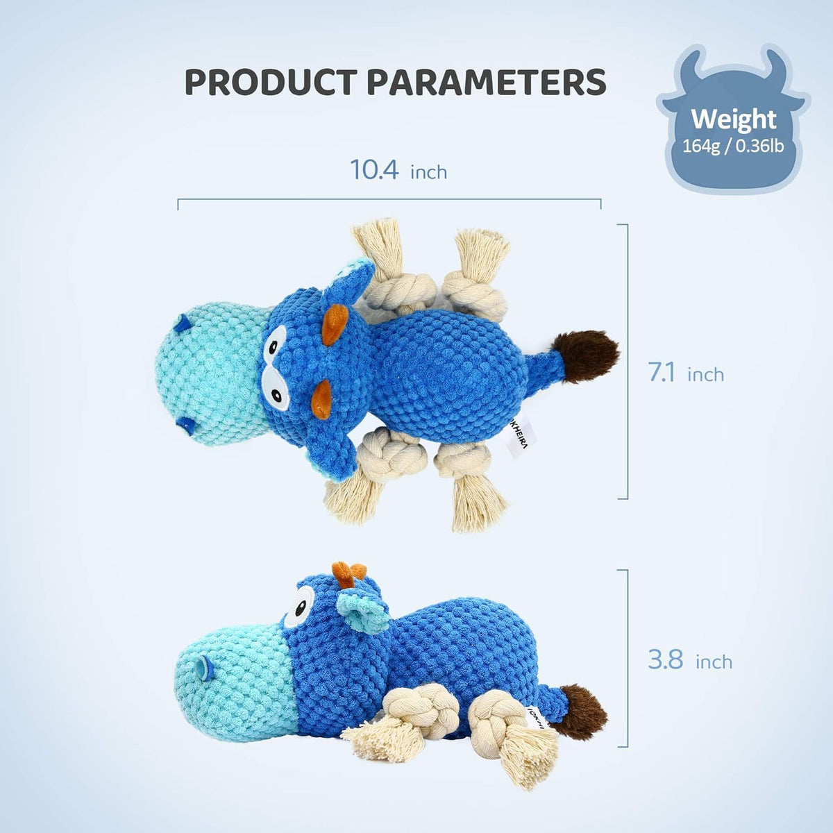 Squeaky hippo rope toy showing the knotted rope legs