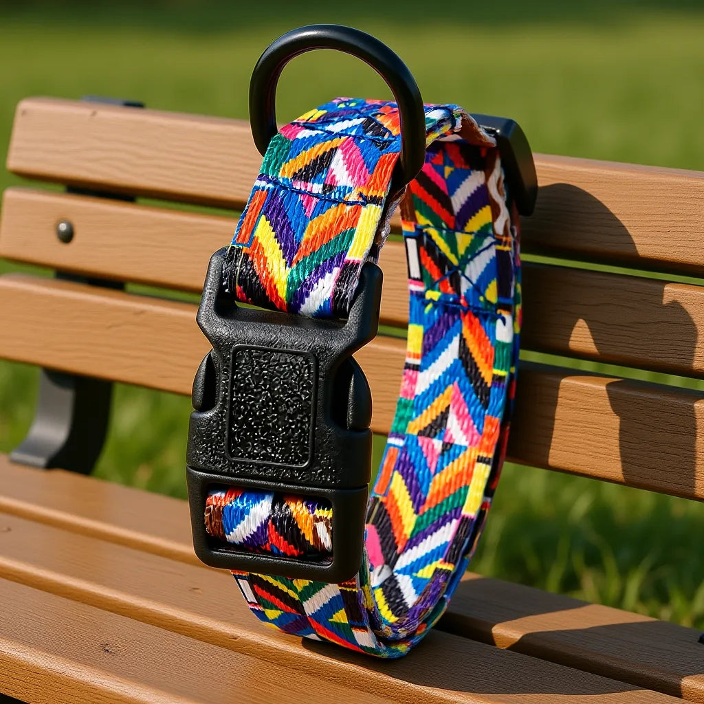 Patterned everyday collar and lead set on a timber bench