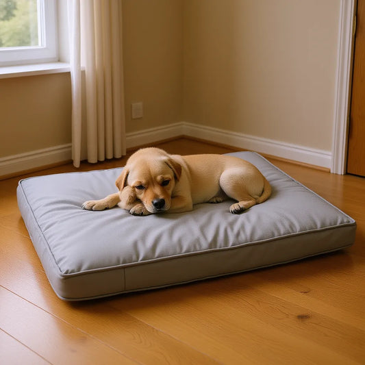Protective bed cover fitted on a dog bed in a bedroom with a dog asleep on it