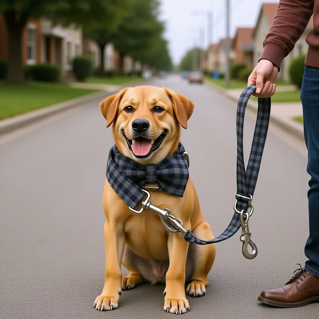 Dog wearing the grey plaid collar with the matching lead held by hand