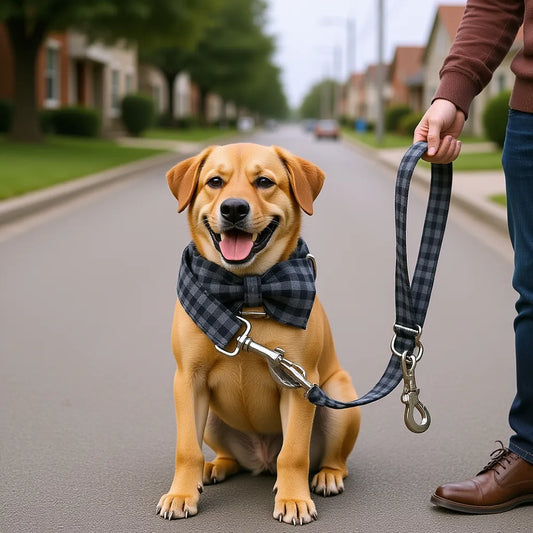 Dog wearing the grey plaid collar with the matching lead held by hand