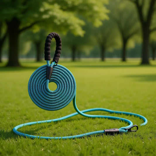 Teal rope long line lead coiled on park grass