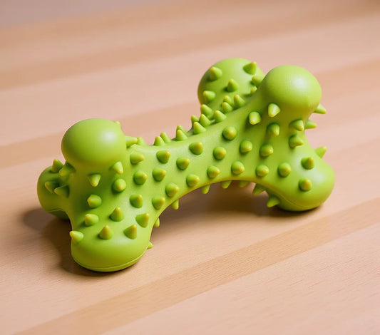 Green rubber chew bone on a timber floor
