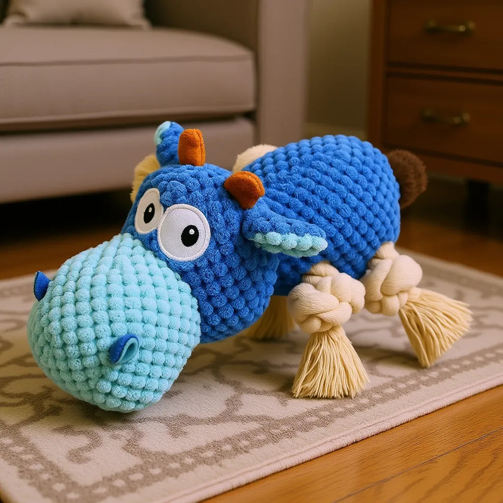 Blue hippo squeaky toy on a living room rug