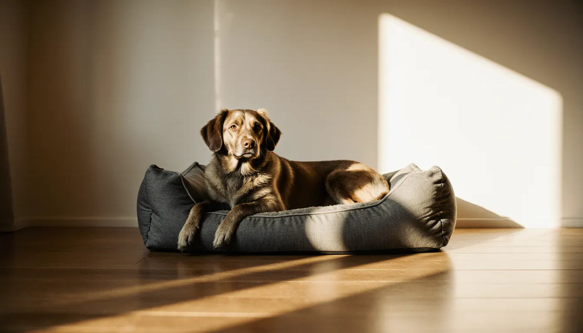 HERO B brown dog on grey bed by window