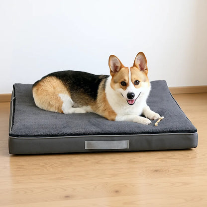 Memory foam mattress dog bed on an oak floor