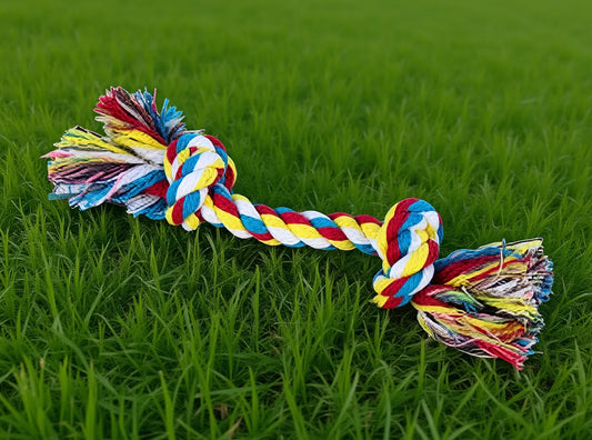 Rope tug toy lying on backyard grass